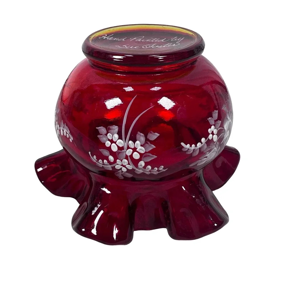Fenton Ruby Red Glass Ruffled Rose Bowl Painted White Roses Sue Foster Glows UV